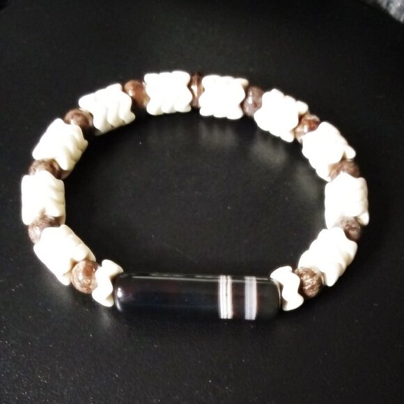 Brown Agate + Jasper & Natural Howlite! Soft Bangle - Stretch Bracelet 6.5-7" - Picture 2 of 7